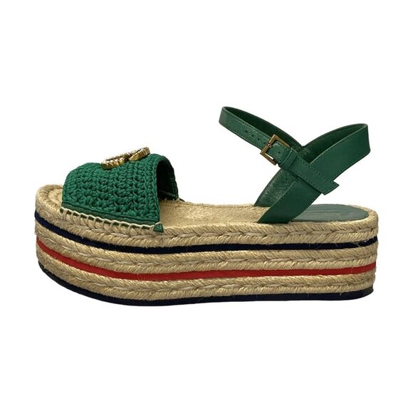 GUCCI GG Marmont/Fabric Espadrille Sandal Natural Green Multi -569-080425 - Picture 1 of 15